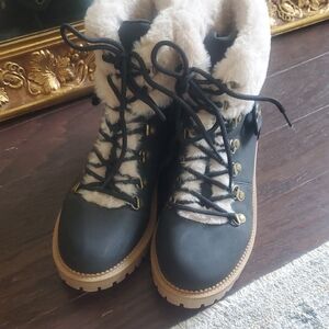 Black and Tan Winter Boots with Rugged Soles